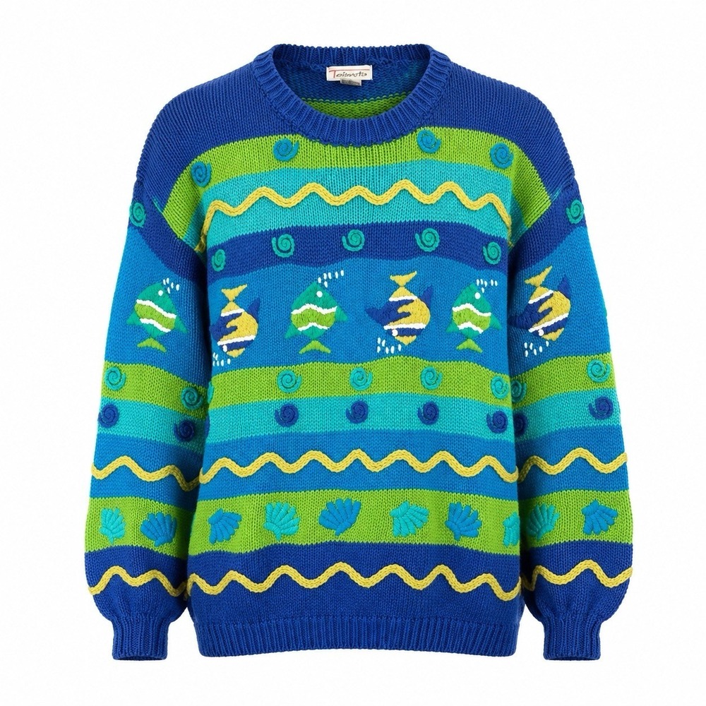 Vintage Talbots Sweater Womens M Blue Green Fish Embroidered Coastal Chunky Knit